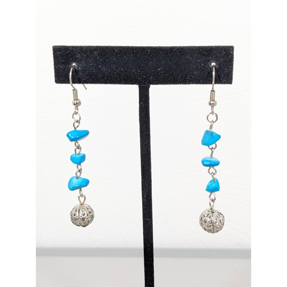 Beachy Coastal Blue Stone Chip Round Filigree Ball Dangle Hook Earrings